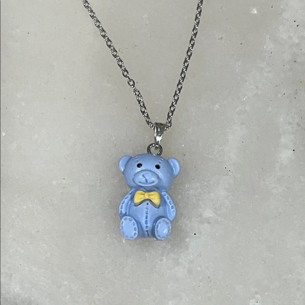 It’s A Boy Blue Teddy Bear Necklace with Yellow Bow